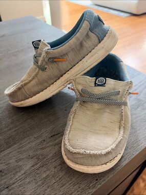 Hey Dude Kids Beige Canvas Slip-On Loafers with Blue Trim
